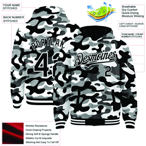 Custom Camo negro-blanco 3D Bomber Full-Snap Varsity Letterman Hoodie Jacket Winter Salute to Service bordado 100% poliéster - Product Image 2
