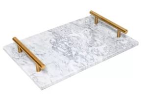 Plateau en marbre rectangulaire de luxe pour la maison avec poignées dorées plateau de service en marbre blanc taille personnalisée couleur pour la maison hôtel décoratif - Product Image 6