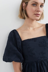 SRJ EXPORTS Shirring Back Three-dimensional Plain Floral Embroidered Dress XL Plus Size Cotton Linen Short <b>Bubble</b> Sleeves A-Line - Product Image 4