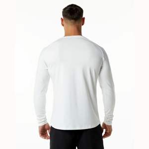 <b>White</b> Men's Fitted Performance <b>Long</b> <b>Sleeve</b> T-<b>Shirt</b>: Saddle <b>Sleeve</b> Cut, Tapered Fit, Crew Neck, Scoop Hem, 94% Cotton, 6% Spandex - Product Image 3