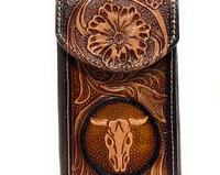 Étui de téléphone en cuir de vachette véritable occidental fait à la main avec une sangle magnétique solide Personnalisé Embossé floral