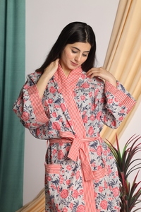 คอลเลกชัน2024 Boho ชุดเดรสผ้าฝ้ายผู้หญิง, ชุดนอนกิโมโนยาวผ้าคอตตอนดีไซน์ลายดอกไม้นุ่มทำมือมีสายคาดเอวฟรีผ้าคอตตอน - Product Image 6