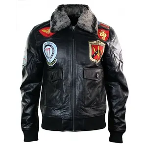 <b>Men</b> Shearling Collar Bomber <b>Jacket</b> Removable <b>Fur</b> Collar Genuine Leather Flight Leather <b>Jacket</b> - Product Image 1