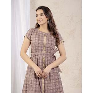 Vestido Corto Casual de Algodón Estampado Morado Claro, Transpirable, Talla Única y XS, para el Día a Día y Días Festivos, MOQ de 2 Piezas - Product Image 1