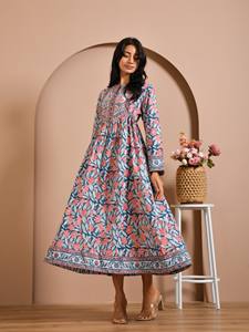 Style bohème femmes robe mi-longue confortable à manches longues pur 100% coton main bloc imprimé fleuri décontracté robe écologique - Product Image 5