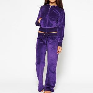 Velour Women's Solid Tracksuits Customized <b>Zip</b> Long Sleeves Regular Hoodie Pants Two Piece Velvet Breathable Quick Dry Track - Product Image 1