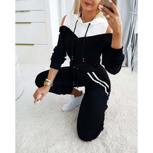 Women'<b>s</b> Long-Sleeved Off-Shoulder Hooded Drawstring Two-Tone Viscose Two-Thread <b>Blouse</b> <b>and</b> Pants Two-Piece Set, 32170 - Black - Product Image 1