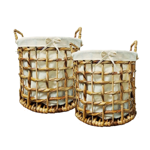 Handmade <b>Round</b> WATER HYACINTH STORAGE <b>BASKET</b> with Washable Cotton Liner with Handles Natural Fiber Organizer - Product Image 1