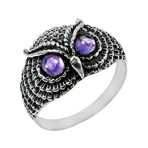 フクロウ型リング天然紫アメジスト宝石925スターリングシルバー2月誕生石ジュエリー卸売価格サプライヤー
