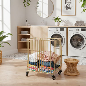 KPT68019 Portable Double-Tiered Clothing Organizer Powder-Coated Iron <b>Laundry</b> Basket for Bathroom <b>Standing</b> Type for Cleaning Use - Product Image 2