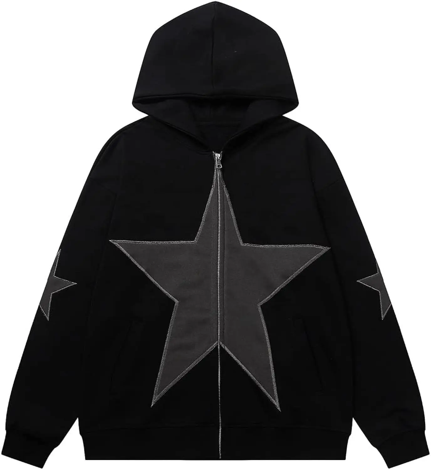 Hoodie hitam dengan bintang di depan desain baru modis bintang hoodie bertudung sulaman sweter hoodie tambalan bintang