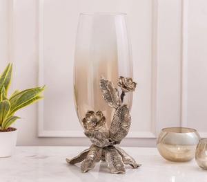 Beautiful Floral Vintage <b>Candle</b> Stand With Golden <b>Hurricane</b> <b>Glass</b> Perfect For Modern Rustic Classic And Stylish Interiors - Product Image 1