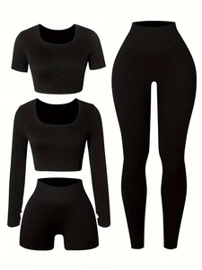 Ensemble de yoga sans couture 4 pièces pour femmes High Street Professional Factory Made Gym Sports Wear Solid Top & Bottoms Short Length Tops - Product Image 4