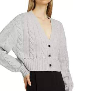 Women's Trendy Casual <b>Cropped</b> Cable Knit <b>Cardigan</b> <b>Short</b> <b>Sleeve</b> V-Neck Pullover 100% Cotton/Acrylic Custom Lightweight for Autumn - Product Image 6