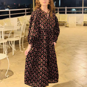 Hand Block Printed Floral Cotton Midi <b>Dress</b> <b>Boho</b> Casual <b>Summer</b> <b>Dress</b> - Product Image 1