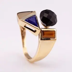 Fashion Set Jewelry 14K gold plated silver 925 adjustable ring with natural lapis tiger eye onyx high quality from Thailand