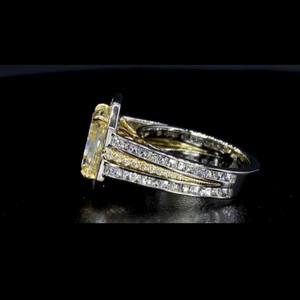 Certified 5.0 CT Lab Grown Radiant Fancy Vivid Yellow Diamond Wedding Ring Octagonal Halo Triple <b>Row</b> Band 14K White Yellow Gold - Product Image 3