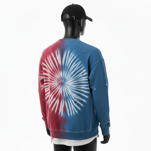 Sudadera Premium con Lavado Ácido, Felpa de Algodón Suave, Tie Dye Azul Rojo, Estilo Desgastado, Bordado con Logotipo Personalizado, Sudadera Básica - Product Image 3
