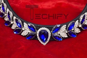 Elegant Horse Leather Brow Band with Royal Blue & White Leaf <b>Crystals</b> Premium Quality Handmade Equestrian Headstall <b>Accessory</b> - Product Image 3
