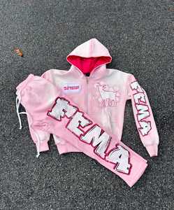 100% coton personnalisé 2 pièces Jogging survêtement ensemble lavage à l'acide pantalons de survêtement empilés en détresse unisexe strass survêtement - Product Image 3