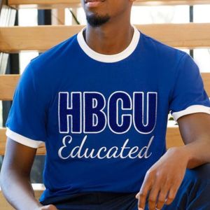 HBCU istruito da uomo blu bianco ciniglia t-Shirt in cotone a contrasto abbigliamento collegiale nero greco vita universitaria orgoglio camicia - Product Image 1