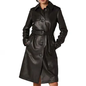 Mantel panjang kulit berkualitas Mewah Sesuai permintaan tinggi layanan OEM MOQ rendah harga grosir mantel trench kulit berkelanjutan
