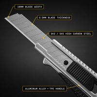 Cutter robuste 18 mm à lame cassable en acier à haute teneur en carbone, manche en alliage d'aluminium et TPE, logo personnalisé OEM