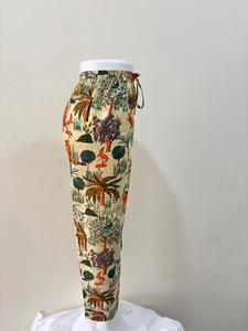 100% Cotton Printed Lounge Pants Red Pomegranate Floral Design <b>Elastic</b> Waist Straight Pant Breathable <b>Lace</b> Decorated for Summer - Product Image 2