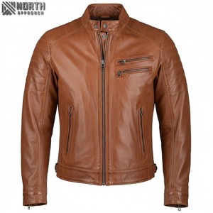 Motorcycle <b>Jacket</b> Stylish Genuine Leather <b>Jacket</b> Stand Collar Zip Up <b>Long</b> Sleeve Brown Color Real Leather/ Pu Leather Fabric <b>Men</b> - Product Image 1