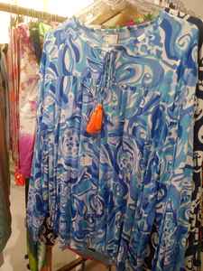 Nautical Anchor <b>Print</b> Tunic Navy Blue White Long Sleeve Casual Summer Top Tassel <b>Tie</b> Neck Button Front Resort Beachwear Fashion - Product Image 3