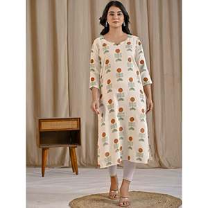 Kurti Recto de Algodón y Yute con Estampado de Bloques Color Mostaza Blanca, Estilo Casual con Cintura Natural y Característica Transpirable - Product Image 3