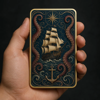 Carte de collection en métal double face, motif Ancrage de galion de la Reine des pirates, avec cadre doré, compas, Kraken, lune nautique, cadeau