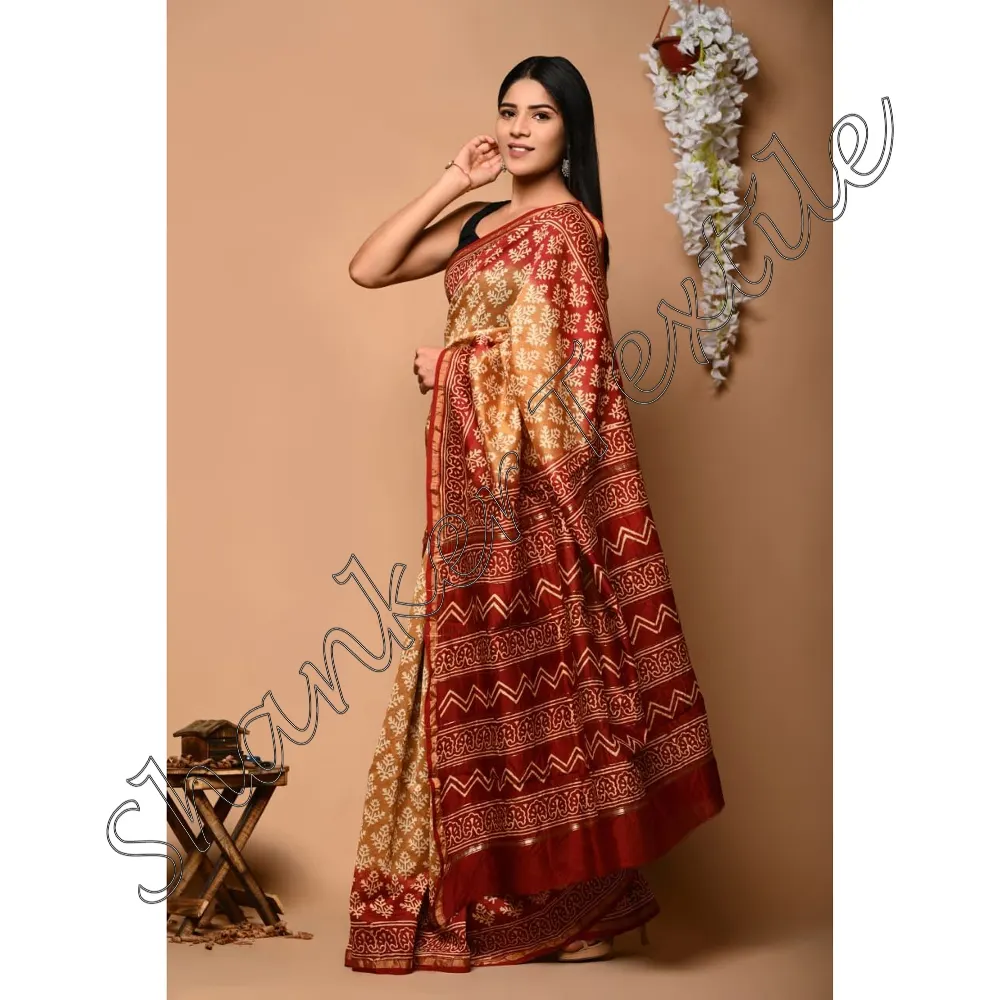 Nouveau créateur indien Chanderi Sari en soie imprimé bloc Sari avec Blouse Sari en soie pour mariage et Occasion spéciale en Floral