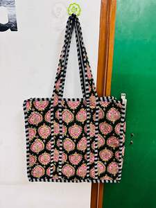 Indian Block Printed Cotton <b>Quilted</b> Women's Tote Bag Bohemian Vintage Handmade Washable Daily Use Shoulder Bag Grocery Tote Bag - Product Image 3