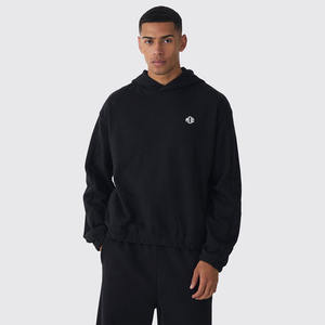 Sweat à capuche d'hiver 100% coton pour hommes personnalisé bas élastique surdimensionné épaule tombante épais éponge française fermeture à glissière motif solide - Product Image 1