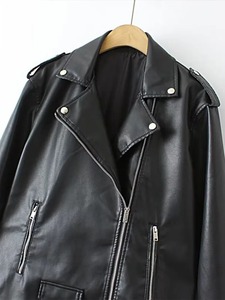 แจ็กเก็ตหนัง PU สำหรับผู้หญิง, แจ็กเก็ตมอเตอร์ไซค์ทรงหลวมแขนยาวดีไซน์ยาวยาวปานกลางเสื้อแจ็คเก็ตหนังถัก - Product Image 4