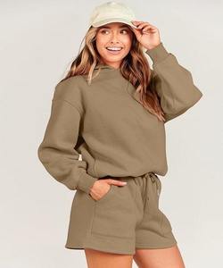 <b>Women's</b> 100% Cotton Ultimate Comfort Hoodie <b>Short</b> Set Premium Quality Embroidered With Vintage Decorations New Solid Pattern - Product Image 3