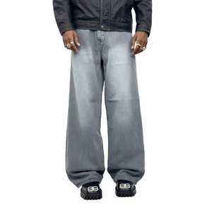 Vintage Distressed Stonewashed Button Custom Print Logo Baggy Wide Leg Jeans Men's Denim Streetwear Wholesale - Product Image 2