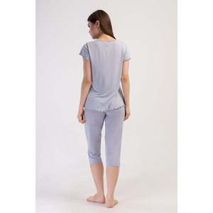 Conjunto de pantalón capri ovalado y blusa corta con lazo en el cuello de viscosa y lycra para mujer - Gris - Gris - Product Image 3