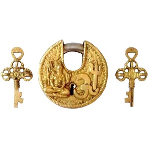 Antique round Brass Padlock Unique Om Shiva Design Collectible Vintage Product - Product Image 1