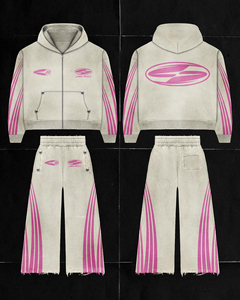 Sweats à capuche avec fermeture éclair complète Pantalon de survêtement évasé empilé Ensemble de survêtement deux pièces en coton personnalisé délavé à l'acide Survêtement unisexe pour hommes - Product Image 6