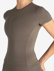 Design personnalisé Logo Taupe femmes Gym t-shirt extensible pleine longueur manches courtes col rond polyester nouveau décontracté Yoga entraînement t-shirt - Product Image 6