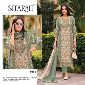Pur Viscose mousseline fantaisie broderie travail numérique imprimé élégant festif ethnique femmes fête porter Salwar costume indien pakistanais - Product Image 2