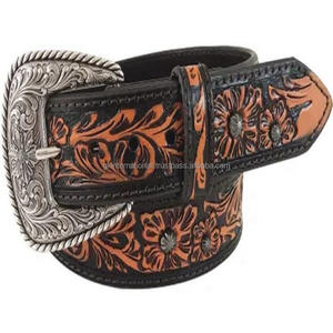 Genuine Tooled Leather Flower Engraved Dark Textured Genuine Leather Tooling <b>Belt</b> for Cowboy Cowgirl with Designer Buckle Set - Product Image 4