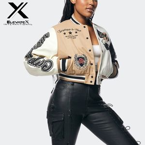 Women's Regular Solid Reversible Spring Varsity Jacket Black Leather Sleeves Fashionable Windproof Applique Patches Embroidered - Product Image 3