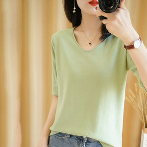 Camiseta de mujer novedad de verano 100% algodón tejido transpirable manga Casual sólido camisetas sueltas cuello en V pulóver Tops - Product Image 6