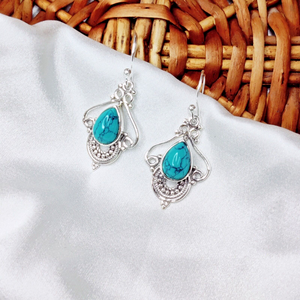 Vintage Synthetic Turquoise <b>Silver</b> <b>Drop</b> <b>Earrings</b> SIPL_2024_E14 Model for Anniversary Engagement Party or Wedding Gift - Product Image 4