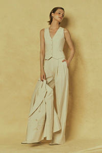 Pantalones a rayas de algodón Sunbeam de alta calidad para mujer, pantalones delanteros planos de pierna ancha, cintura personalizable, transpirable, servicios ODM hechos - Product Image 3