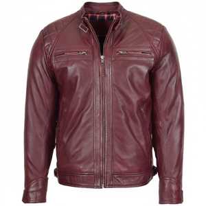 เสื้อแจ็คเก็ตหนังแท้สีแดงเลือดหมูสำหรับผู้ชาย แบบเย็บติดกัน สไตล์โมโต คาเฟ่ เรเซอร์ คอตั้ง สีเบอร์กันดี เสื้อคลุมสำหรับนักขี่มอเตอร์ไซค์ หนังแกะแท้ สไตล์วินเทจ - Product Image 1