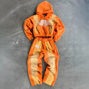 Custom Cut Edge Screen Print Hoodie Streetwear Manufacturer Stripped Heavyweight Cotton Flared Tracksuit Set - Product Image 5